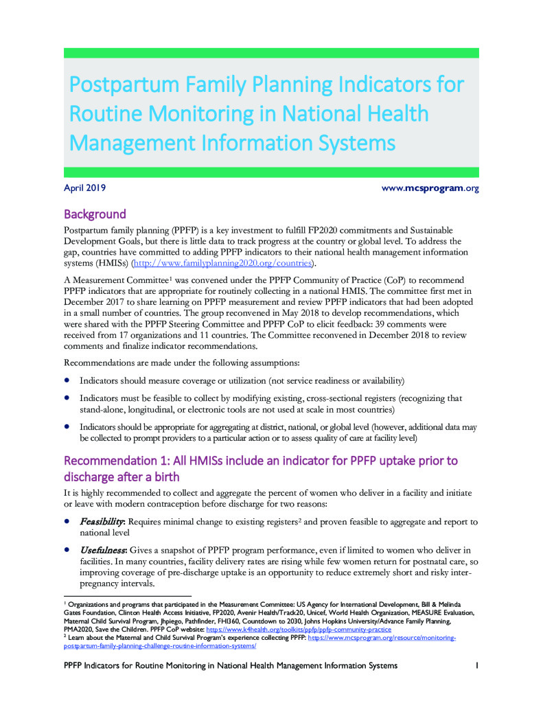 Indicateurs de planification familiale post-partum pour le suivi de routine dans les systèmes nationaux d'information sur la gestion de la santé