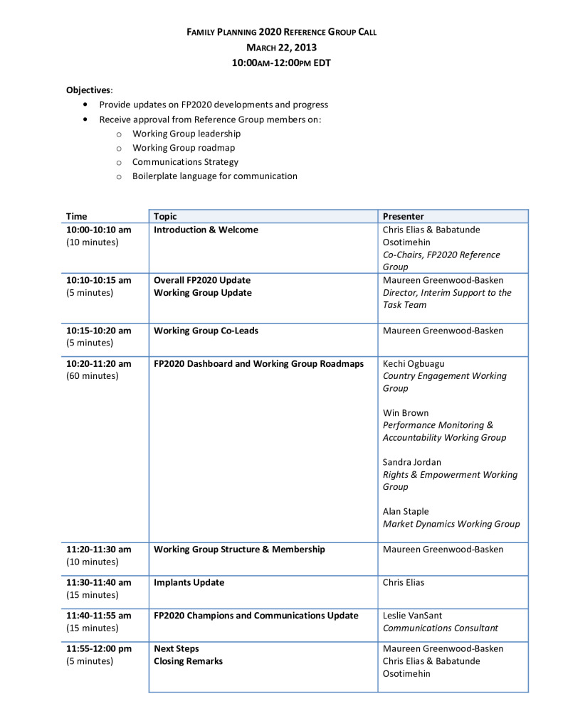 APPEL DU GROUPE DE REFERENCE "PLANIFICATION FAMILIALE 2020" 22 MARS 2013