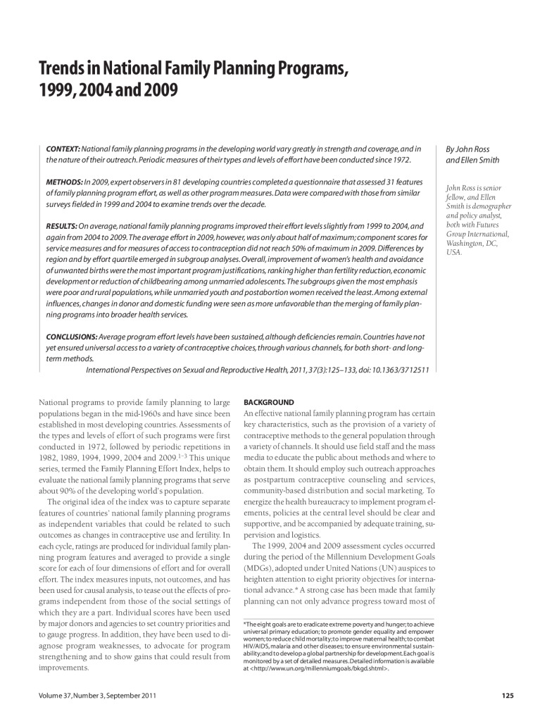 Tendencias de los programas nacionales de planificación familiar, 1999, 2004 y 2009