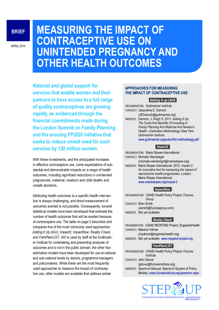 Step Up Brief: Measuring the Impact of Contraceptive Use on Unintended Pregnancy and Other Health Outcomes
