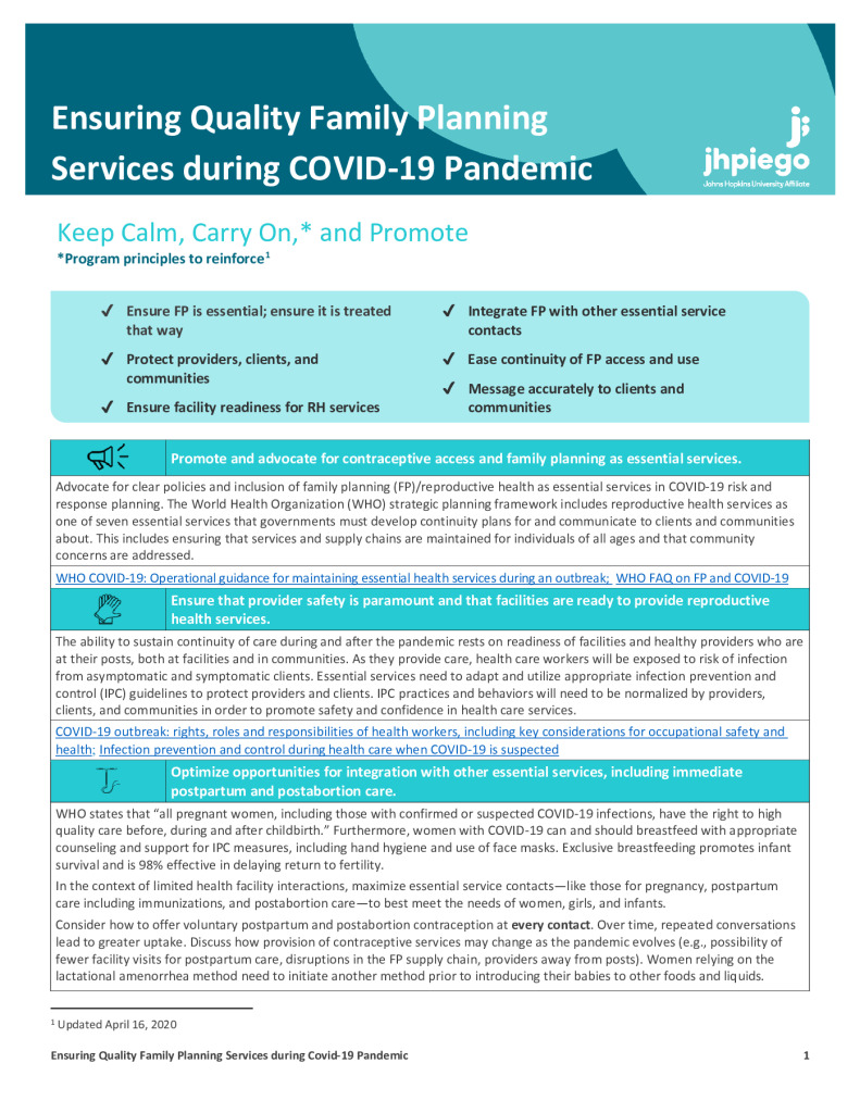 Garantir des services de planification familiale de qualité pendant la pandémie de COVID-19