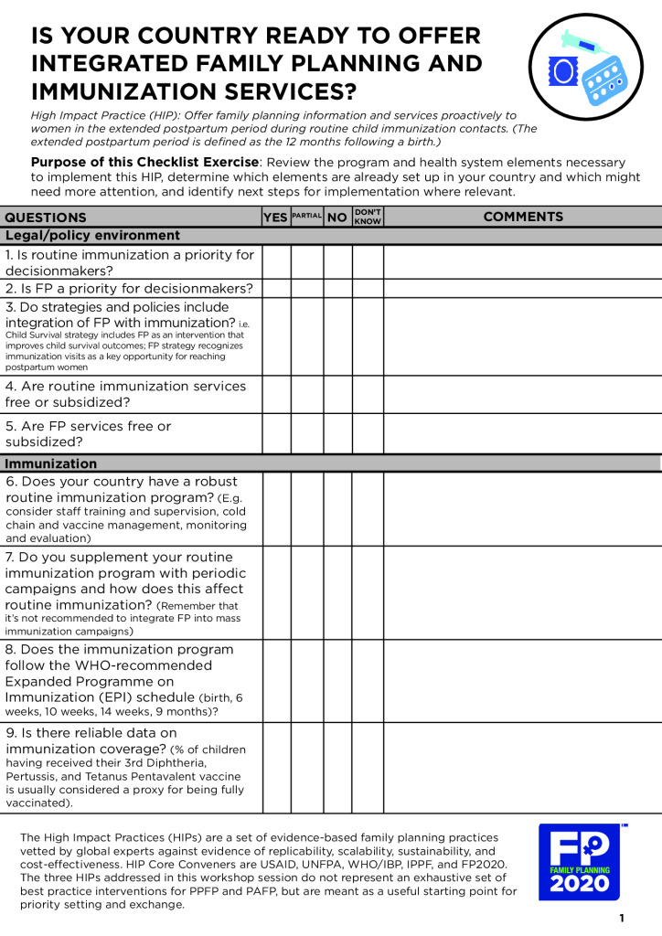 Lista de control FP2020: ¿Está preparado su país para ofrecer servicios integrados de planificación familiar e inmunización?