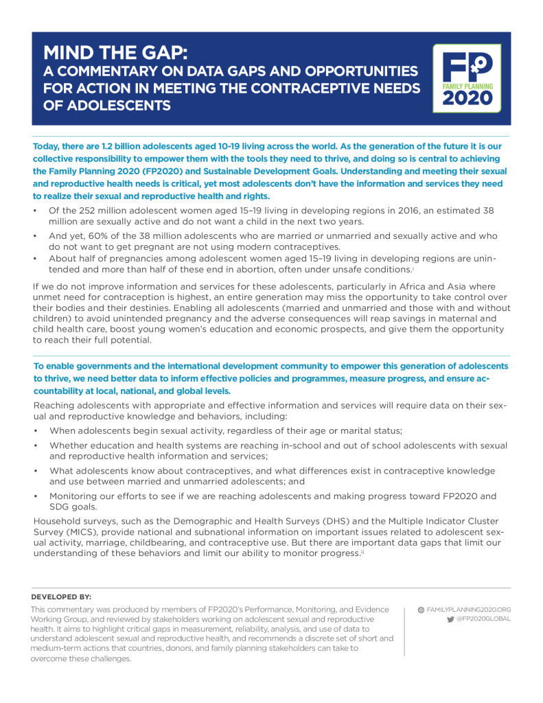 L'esprit d'ouverture : Commentaire sur les lacunes en matière de données et les possibilités d'action pour répondre aux besoins des adolescents en matière de contraception