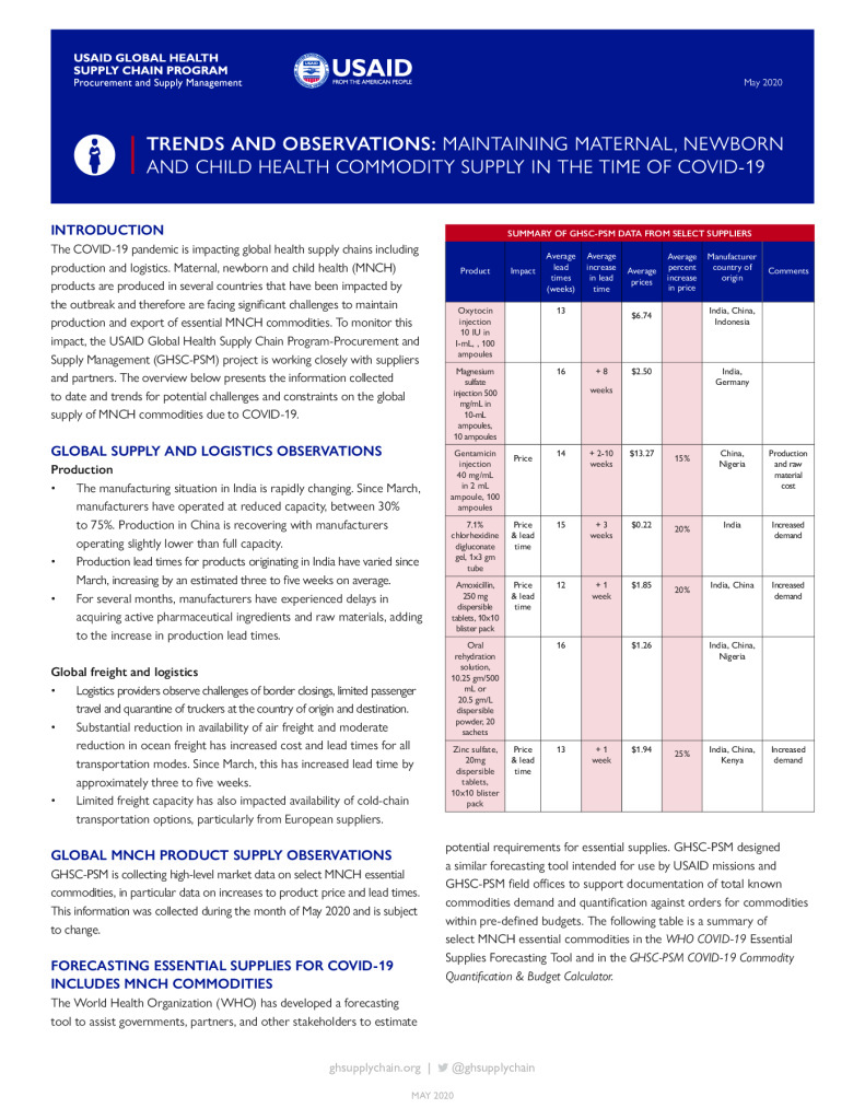 Trends and Observations: Maintaining maternal, newborn and child health commodity supply in the time of Covid-19