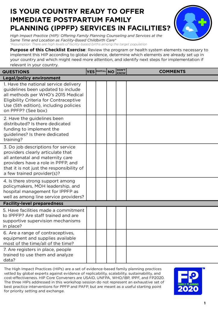 FP2020 Checklist: Is Your Country Ready to Offer Immediate PPFP Services in Facilities?