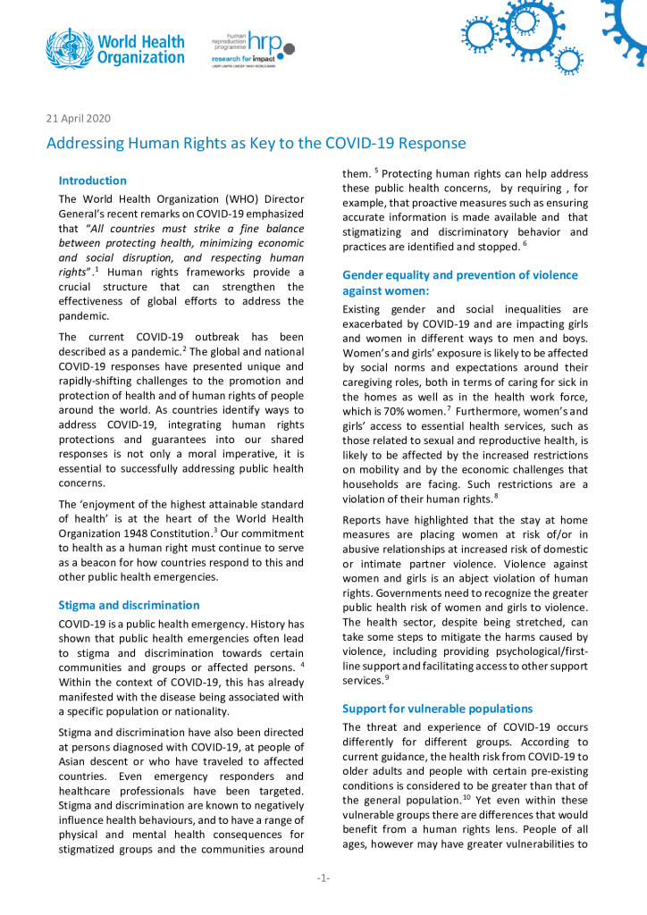 Addressing Human Rights as Key to the COVID-19 Response