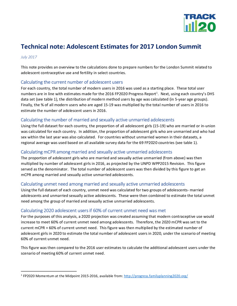 Technical note: Adolescent Estimates for 2017 London Summit
